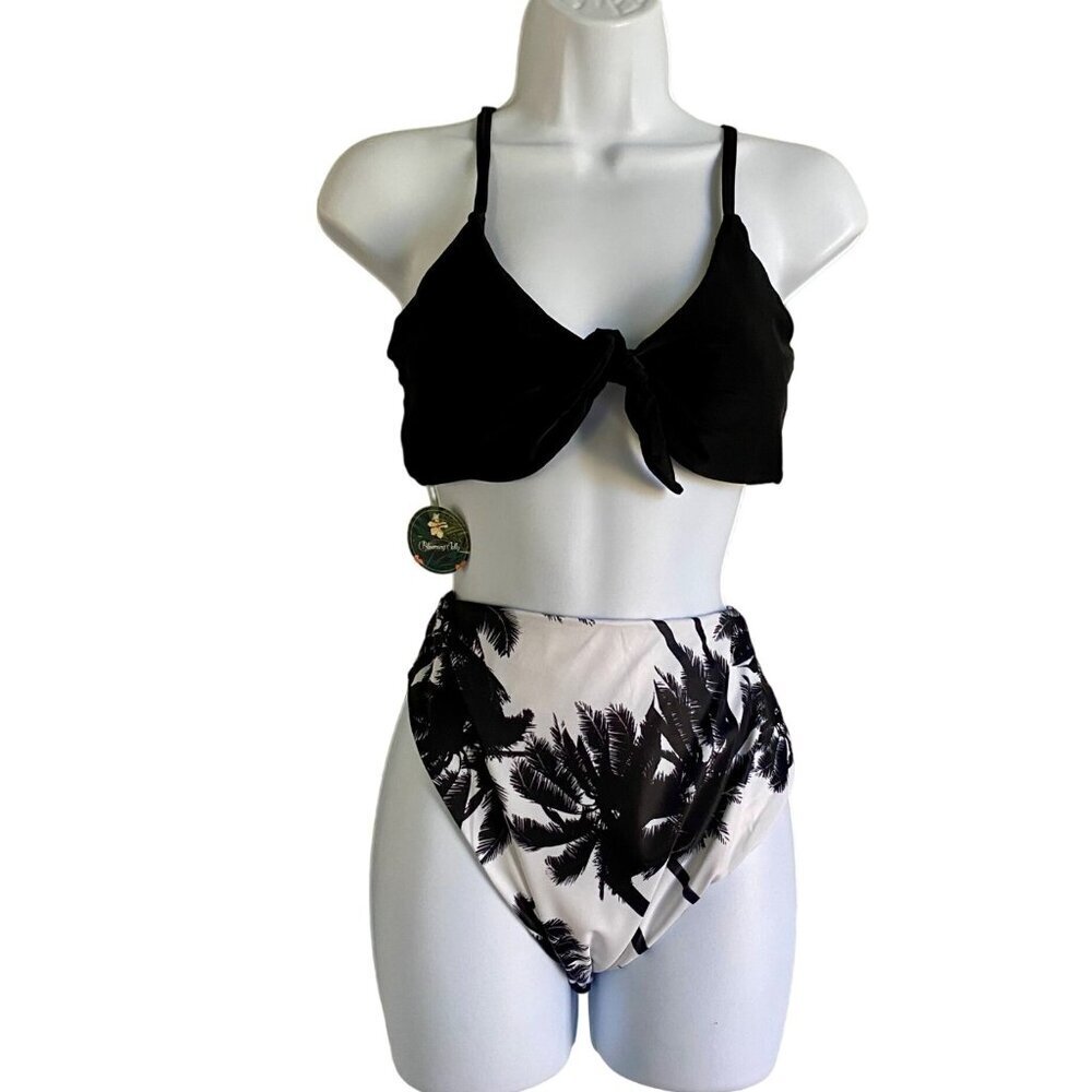 Blooming Jelly Two Piece Swimsuit Bikini Black Leaf Palm Trees Medium NEW NWT